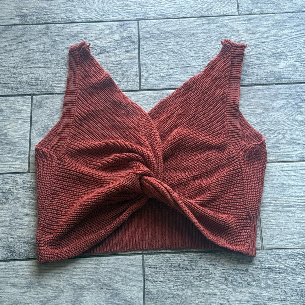 Women’s Large Crop Top Twist Burnt Orange Rust‎ Chunky Knit V Neck Western